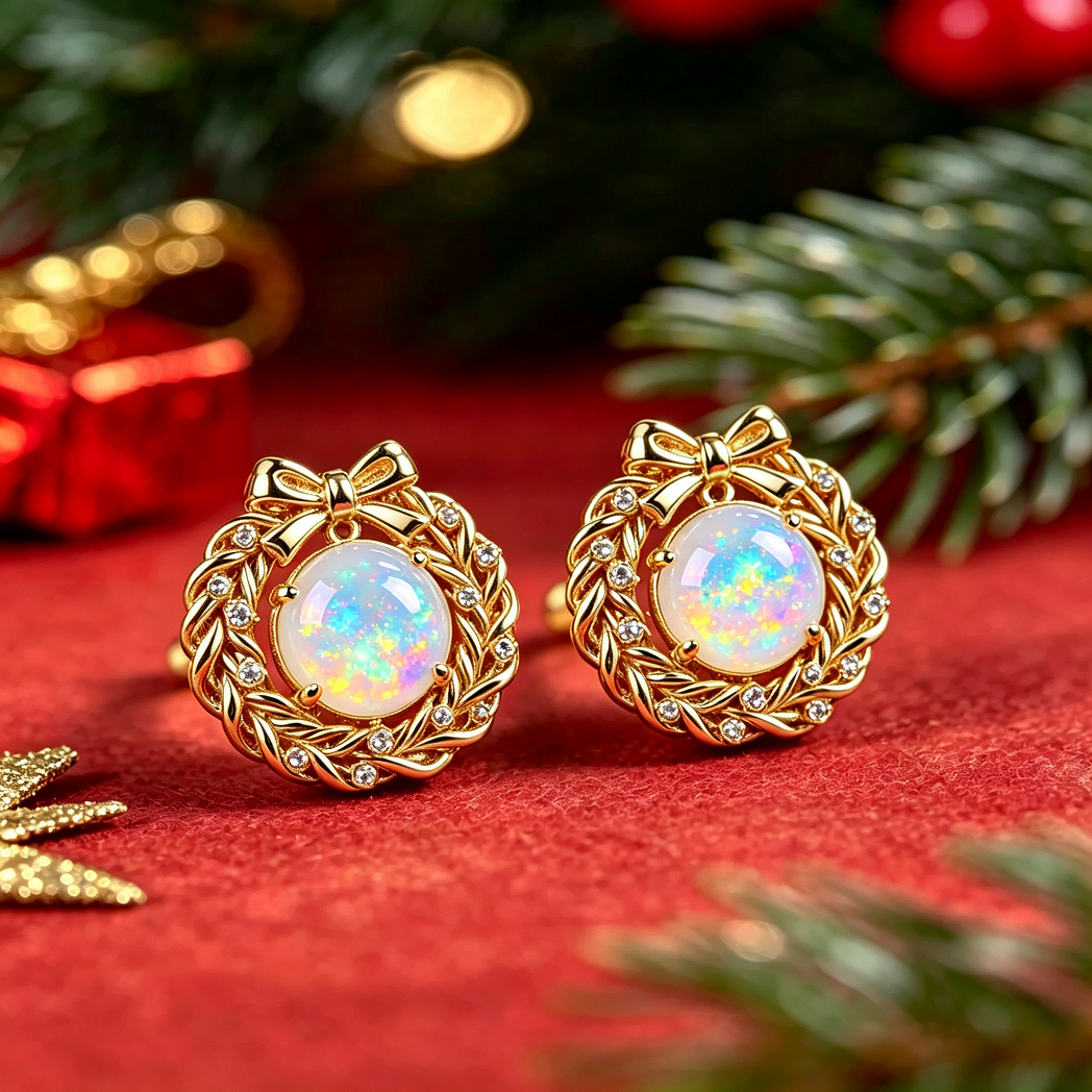 Bow Wreath Opal Stud Earrings