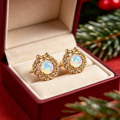 Bow Wreath Opal Stud Earrings