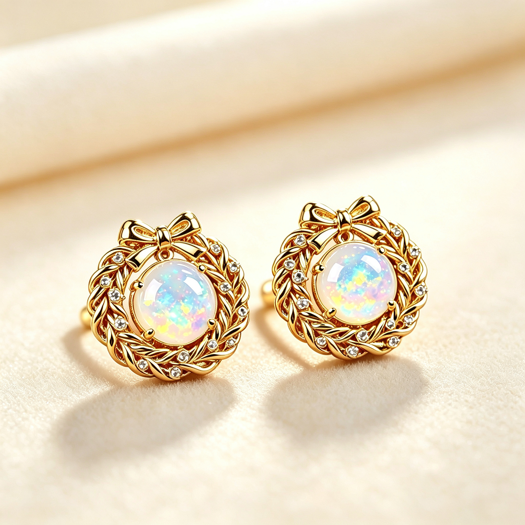 Bow Wreath Opal Stud Earrings