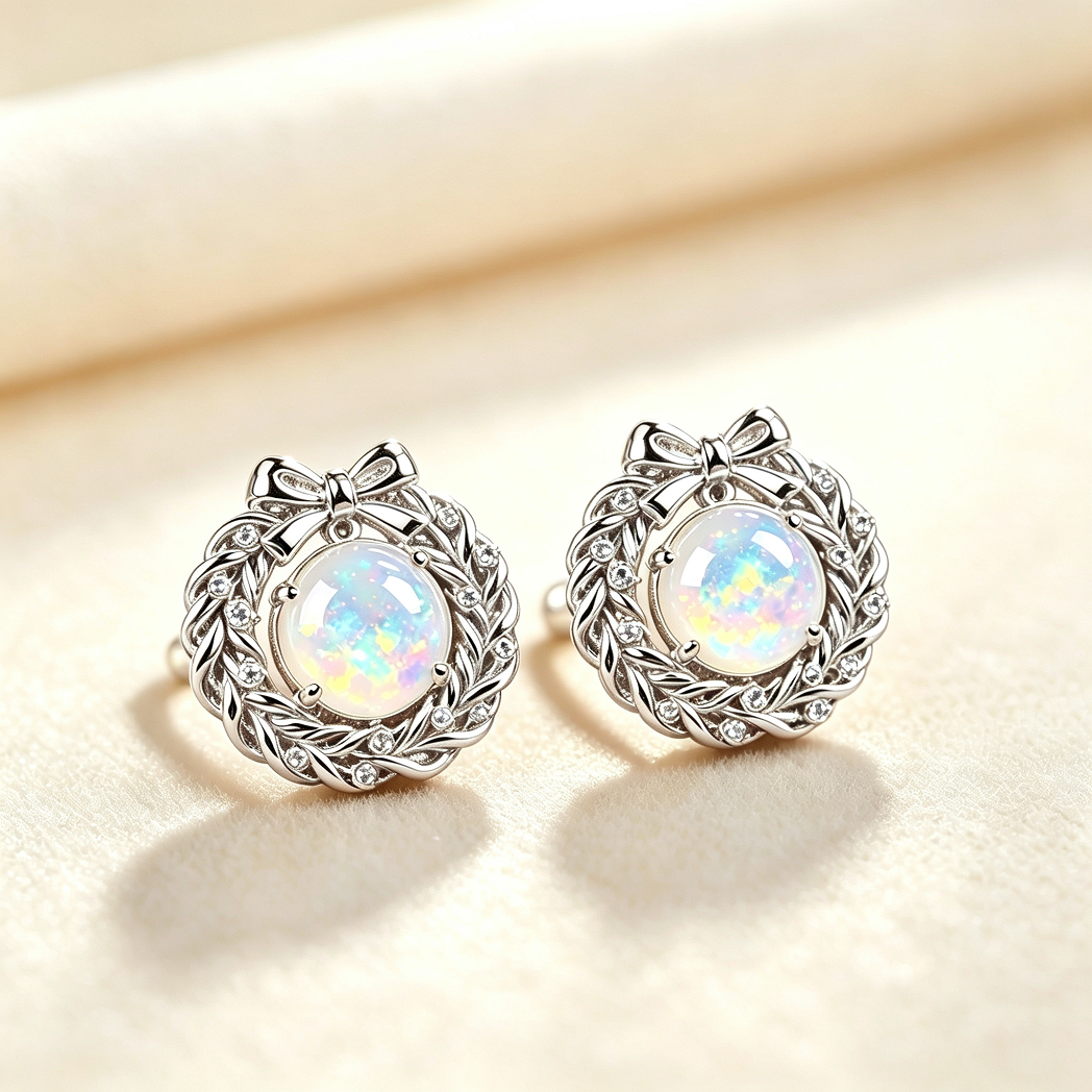 Bow Wreath Opal Stud Earrings