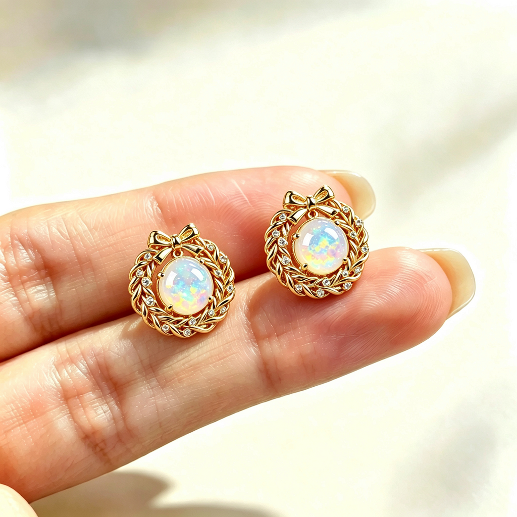 Bow Wreath Opal Stud Earrings