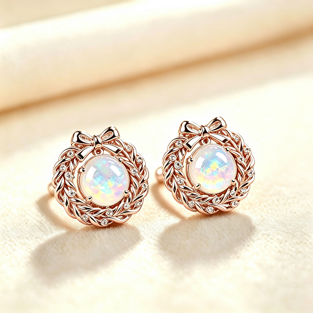 Bow Wreath Opal Stud Earrings