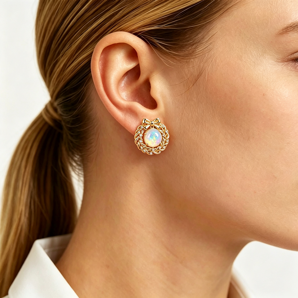 Bow Wreath Opal Stud Earrings